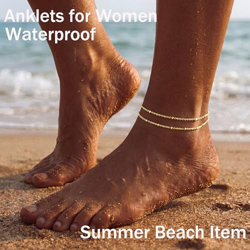 Image of DEARMAY Gold Ankle Bracelets for Women Waterproof, Non Tarnish 14K Gold Plated Beaded Link Chain Anklets, Layered Summer Beach Jewelry Gifts, Dainty Bikini Outfits for Vacation