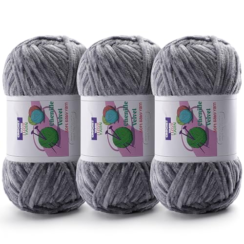Image of 3 Skeins Soft Fluffy Velvet Yarn, Chenille Chunky Yarn for Hand Knitting and Crocheting DIY Craft, Amigurumi Crochet Yarn(3x196.8yds, 3x3.5oz) (Light Gray)
