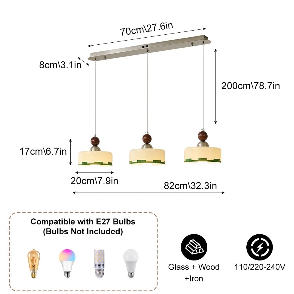 Wisząca lampa z 3 światłami Kremowy szklany klosz z zieloną krawędzią Szczegóły drewna orzechowego Niklowa metalowa podstawa Regulowany sznur do zawieszenia E27 Opuszczana lampa sufitowa