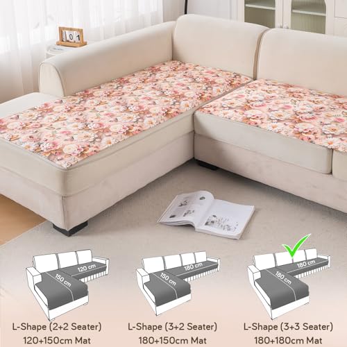 Image of HOKIPO 'Nature Muse' Premium HD Printed Holland Velvet L Shape (3+3 Seater) Sofa Cover Seat Mat, Rose Symphony (IN-918-D5*2)