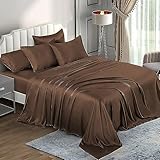 6 Piece Mulberry Silk Sheet Set Twin XL Size (39x80)+ Upto 16 Inch Deep Pocket Chocolate Brown Color Smooth Soft and Silk Bed Sheets Twin Size Bedding Set