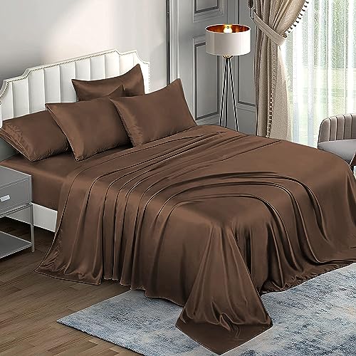 6 Piece Mulberry Silk Sheet Set Twin XL Size (39x80)+ Upto 16 Inch Deep Pocket Chocolate Brown Color Smooth Soft and Silk Bed Sheets Twin Size Bedding Set
