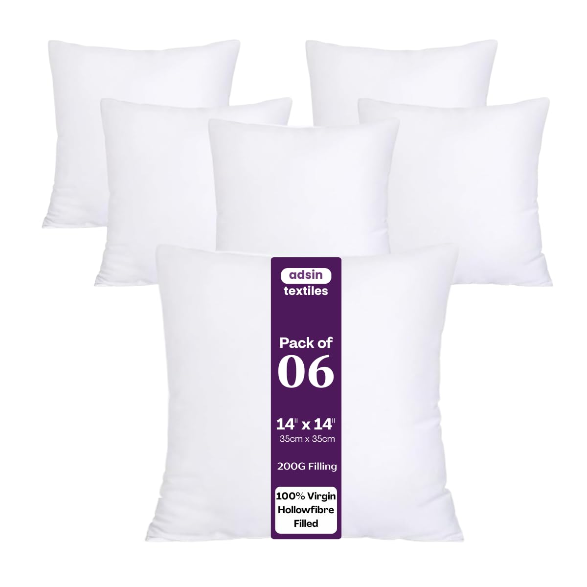 Set of 6-35cm x 35cm Hollowfibre New White Hollowfiber Cushion Pad Inner Stuffer Pillow Polyester Insert Square Hypoallergenic (Pack of 6 | 14" x 14")