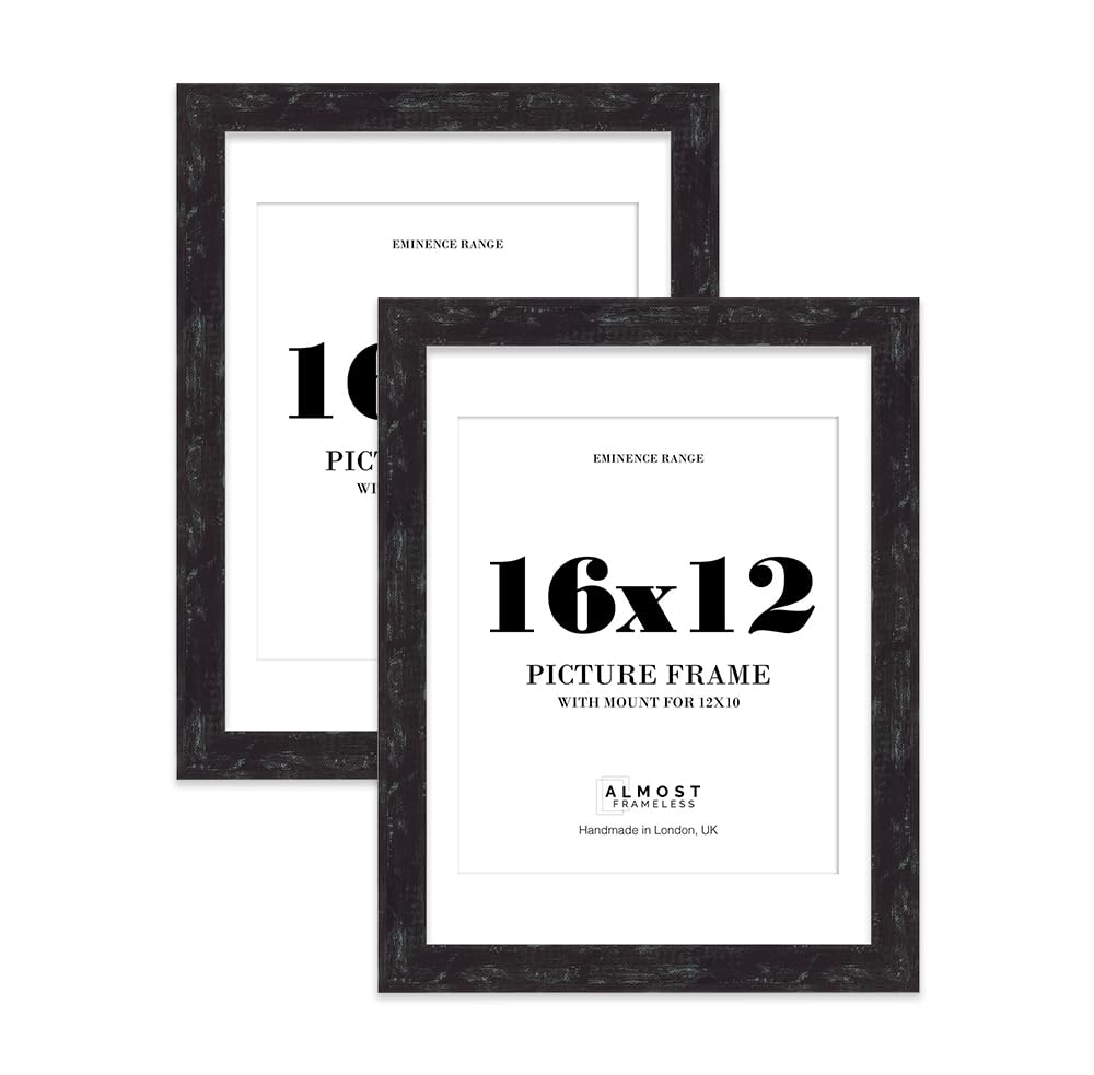 16x12" Distressed Black Picture Frame with 12x10" Mount - Rustic Photo Frame with Distressed Finish, Wall Hooks, 32mm Edge - 2 Pack