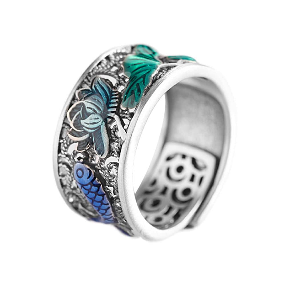 Anillo De Banda De Loto Azul 999 Sterling Silver Hollow out Fish Play with Lotus Dematy Ring para Hombres Amantes De Yoga De Yoga Ajustable