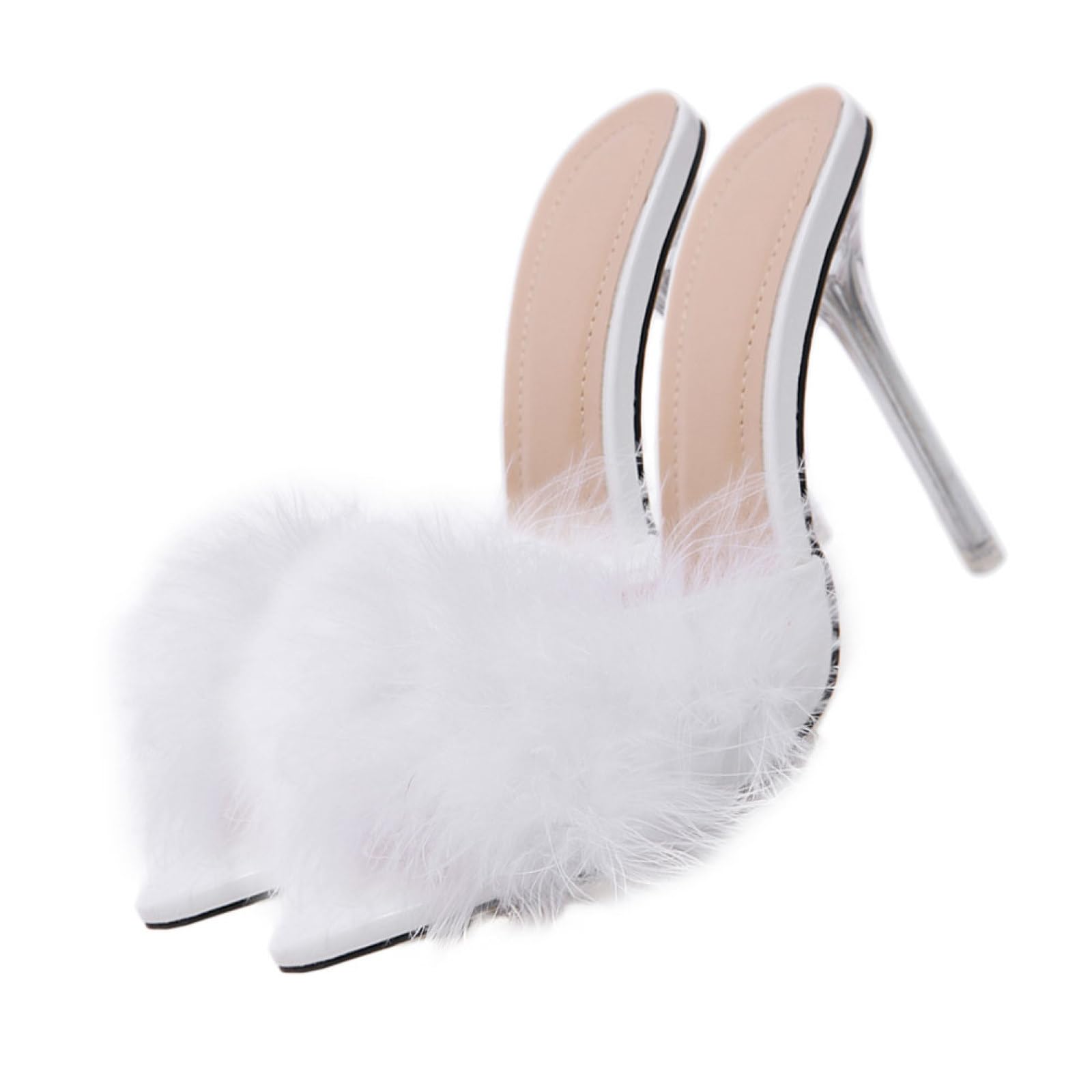 BESTonZON Pantofole Donna Tacco Sottile Bianco, Design Piuma Elegante, Materiale Pvc e Pelle di Maiale, Tacco Stabile per Occasioni Speciali