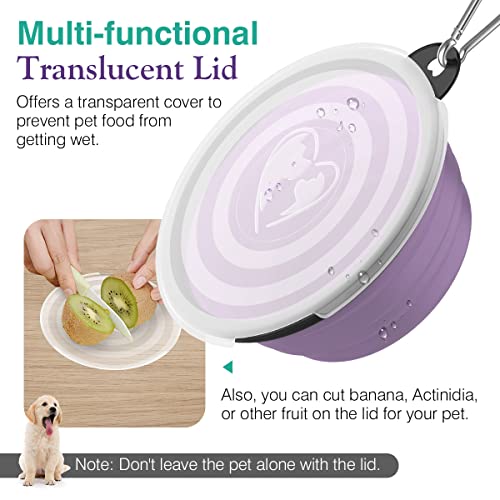 Pawaboo Faltbar Hundenapf, 2 Stück 450ml Hund Reisenäpfe Tragbar Silikon Auslaufsicher Trinknapf Fressnapf mit Deckel und Karabiner für Hunde Katzen Spaziergänge Unterwegs - Türkis + Lila