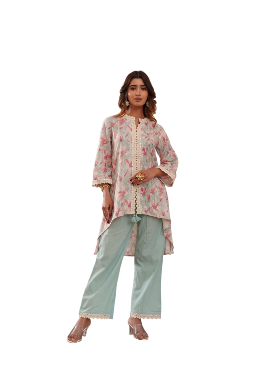 m marchlabel Women’s Ivory Floral Co-Ord Set | High-Low Hem Top with Scalloped Lace Trims and Matching Pants | Light Pastel Floral Design for Casual, Festive, or Day Wear-picture-18