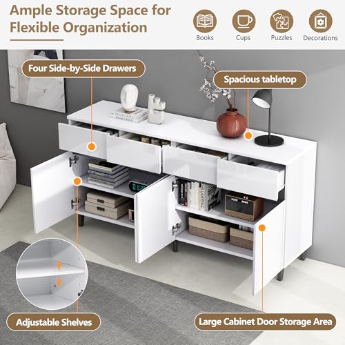 High Gloss Sideboard Storage Cabinet Cupboard Unit 4 Doors 4 Drawers Adjustable Shelf Buffet for Dining Room Living Room Kitchen - Image 4