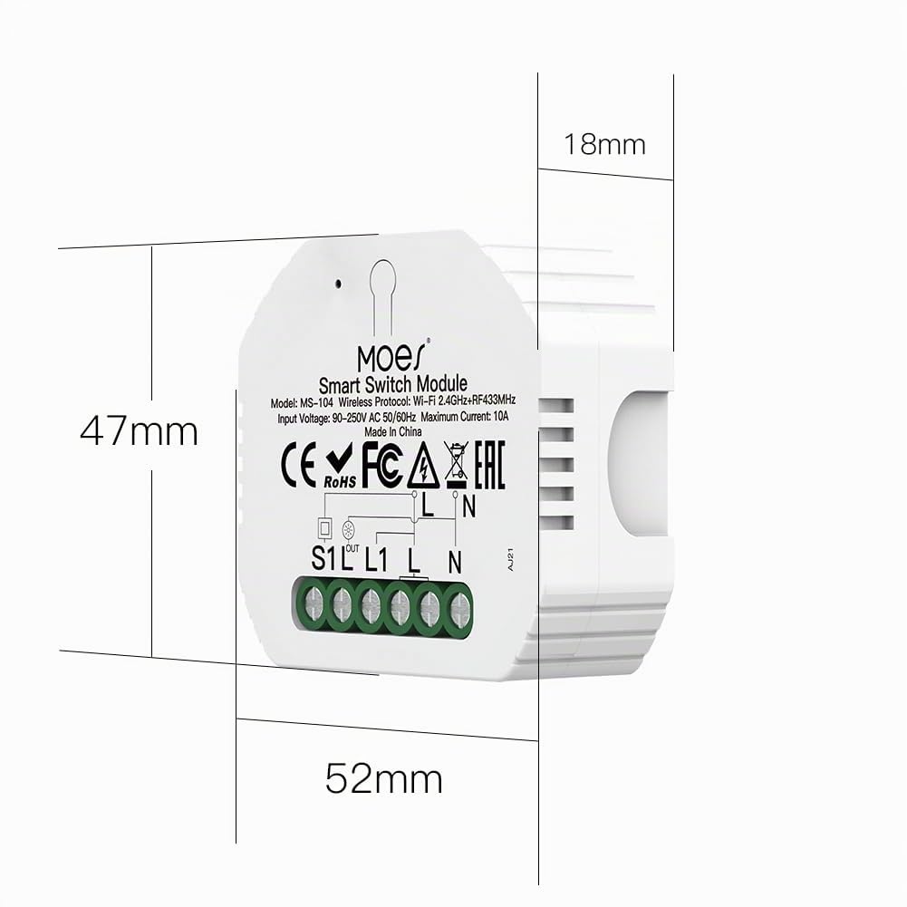 MOES Interruptor Wifi Inteligente conmutador Inalambrico Rele Módulo Alexa Control Remoto, compatible con la app Smart Life/Tuya, Control de voz Alexa/Google Home, 1GANG