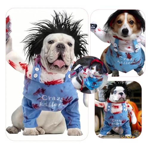 Halloween Hundekostüme für Hunde Wig and Knife, für kleine mittlere Hunde - Lustige Chucky Hundekleidung Halloween Outfit mit Perücke Messer (Verstellbare M-Größe)