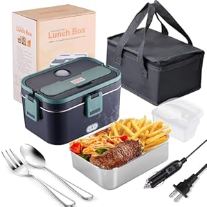 Electric Lunch Box for Adults – Portable 3-in-1 Heated Food Warmer, 60W Self Heating Lunchbox Heater for Car Truck Home with 304 Stainless Steel Container & Thermal Bag