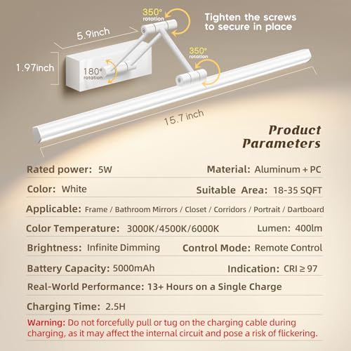 Image of White Picture Light Natural Light Spectrum CRI 97+ with Remote Control, 16 Inches, Battery Operated, 3000-6000K, Cordless Art Wall Sconce