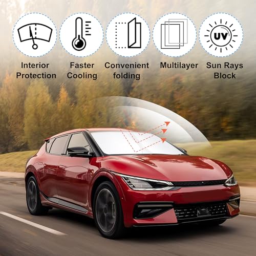Image of Windshield Sun Shade Custom Fit for 2022 2023 2024 2025 2026 Kia EV6 Accessories Foldable Sunshade Sun Blocker Protect Car from Sun Rays & Heat Damage Keep Car Cooler