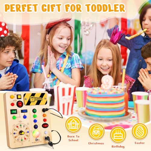 Image of Busy Board with Led Light, Montessori Toys for 1-3 Years Old Boys Girls Wooden Toddler Toys Birthday Gift Educational Toys for 1+ Year Old, Toddler Travel Toy Sensory Toys for Kids with Autism