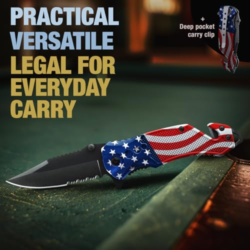 Image of GOOD WORKER Legal Pocket Knife with 2.95 inch Serrated Blade, Glass Breaker, Seat Belt Cutter - EDC Sharp Folding Knives with Portable Clip - Small Tool for Tactical Camping Survival Hiking - Gifts for Men, Women