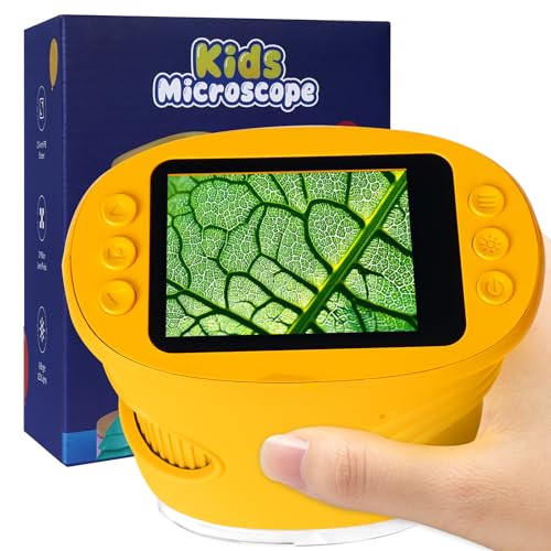 LURICO Microscope Enfant, Microscope pour Enfants Portable 1000X, écran IPS 2 Pouces, 8 Lumières LED, Rechargeable, Connexion au PC,microscopes de Poche numérique Cadeau Fille 4-12 Ans Garcon (Jaune)