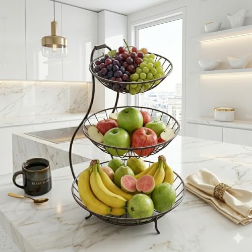 Image of 3-Tier Black Metal Fruit Basket for Kitchen Countertop | Large Capacity Tiered Wire Fruit Bowl Stand | Heavy Duty Vegetable & Produce Storage Organizer | Modern Farmhouse Decor