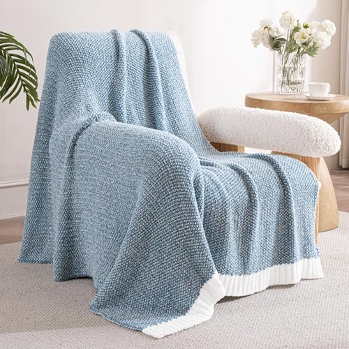 Exclusivo Mezcla Manta de Cuadros, Suave y Ligera, Reversible para Sofá y Cama, Todas Las Estaciones, 130 x 150 cm, Azul Piedra Mezclado