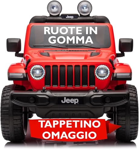 Jeep Wrangler Rubicon 12V Macchina Elettrica per Bambini 2 Posti con Telecomando Ruote in Gomma EVA Sedile in Pelle Porte Apribili Luci LED Suoni Bluetooth USB Auto Cavalcabile Full Optional Rosso