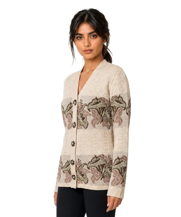 Image of Kalt Women Sweater for Winter Woolen Acrylic Full Sleeves V Neck Floral Design Cardigan Sweater for Women