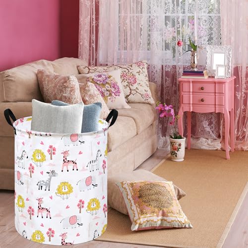 Image of Kids Laundry Hamper Clothes Gift Basket Storage Laundry Baskets Organizer Bin with Handles for Nursery Room (Pink Zoo)