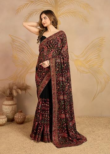 Image of TRENDMALLS Women's Georgette Multi Colour Resham Thread Embroidery with Siroski work Saree with Unstitched Blouse Piece