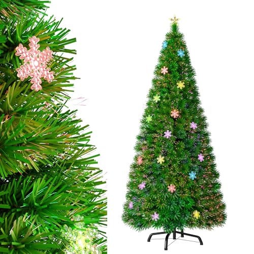 Aufun Árbol de Navidad Artificial 210cm,Árbol de Navidad con LED y Copo de Nieve,Abeto de Fibra de Vidrio Artificial Que Cambia de Color para Oficina, Tiendas y Hogar (2.1M,Copo de Nieve Colorido)