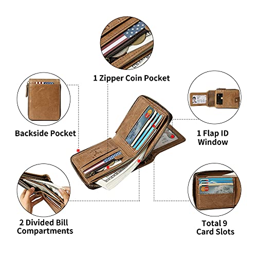 Image of MING CLAN Zipper Wallet Men RFID Blocking Leather Bifold Wallets For Men - Flap ID Window Zip Coin Pocket Mens Zipper Wallets - Big Capacity, Tobacco, M, Vintage