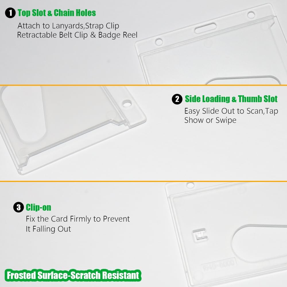 Bulk 50 Pack Hard Plastic Badge Holder-Horizontal Heavy Duty ID Card Holder for Badges-Rigid Case Single ID Protector with Easy Access Thumb Slot for Clips,Lanyards & Reels-Frosted Clear by BETOOM