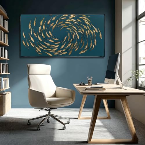 Image of Fish Gold Wall Decor Ocean Sea Framed Large Canvas Wall Art for Living Room Circle Print Pictures Paintings Artwork for Bedroom Office 24 inchx48 inch