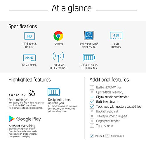 Hp Chromebook 14 - 14" Hd Non-Touch Intel Pentium Silver N5000, Intel Uhd Graphics 605, 4Gb Ram, 64Gb Emmc, Wifi, Bluetooth, Audio By B&O, Chrome Os (Renewed) #TOP5