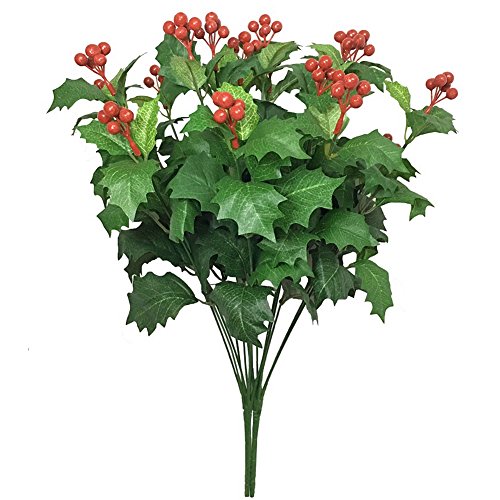 Htmeing 2Pcs Artificial Bushes Holly Spray Berries Cedar Leaf Stems Christmas Flowers Leaves Home Party Decoration (Green) #TOP22