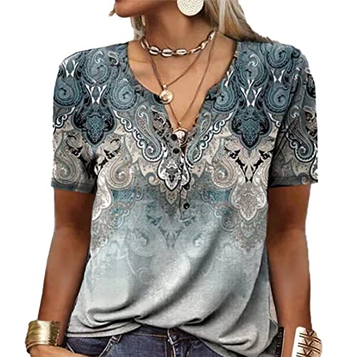 Camiseta feminina de manga curta com estampa de flores, túnica casual, ajuste solto, gola de botão,