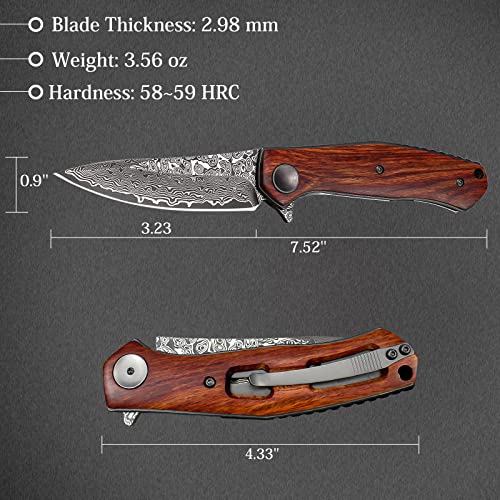 Aubey Damascus Folding Pocket Knife Handmade With Clip For Men, Damascus Hunting Knife Edc Knife With Liner Lock For Outdoor Survival Camping Collection, Wooden Handle #TOP4