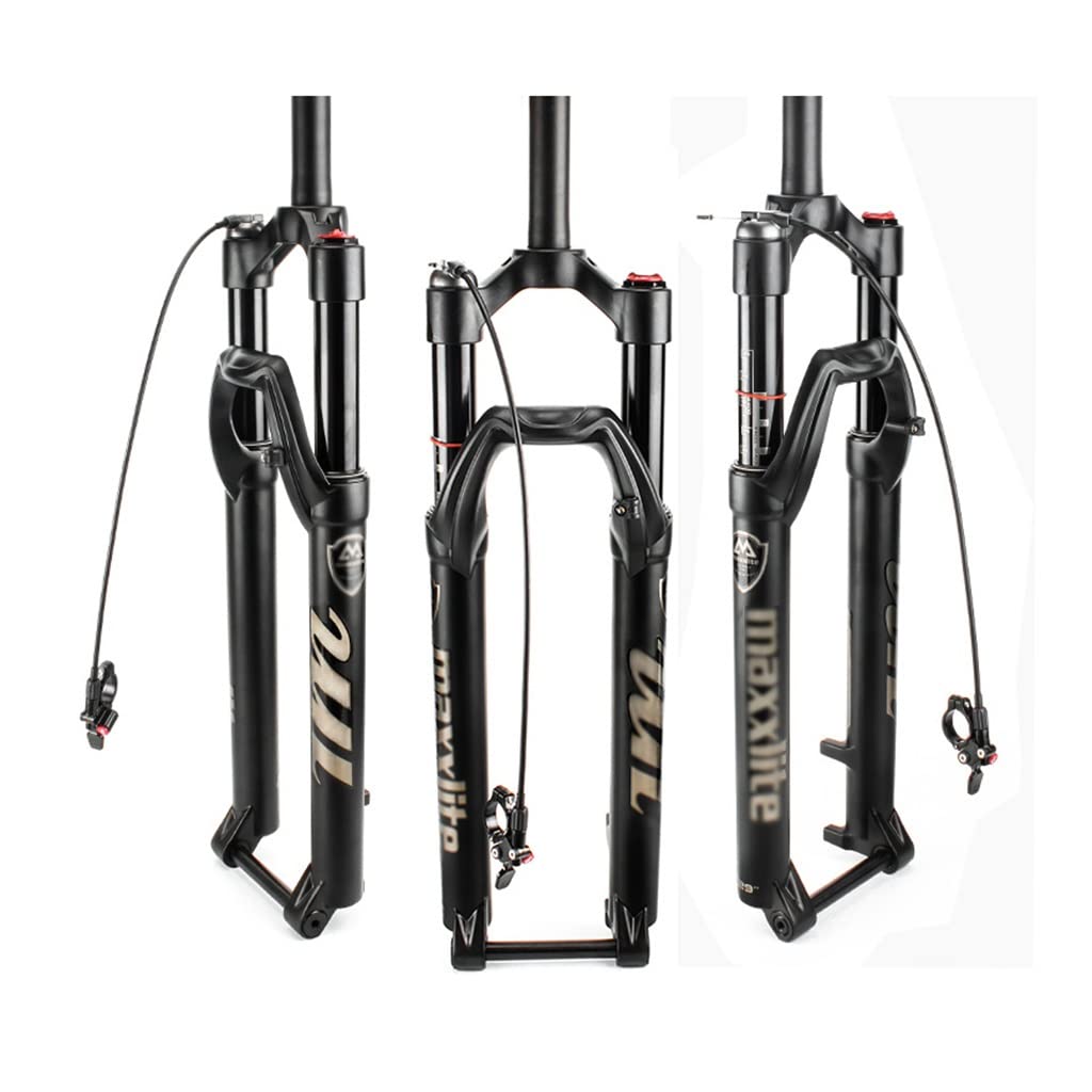 Widelec rowerowy górski 26" 27,5" 29" MTB z pilotem zamka, skok sprężyny pneumatycznej 100 mm, oś wtykowa 100 x 15 mm, rura prosta 1-1/8", rura stożkowa 1-1/2", amortyzator ciśnieniowy