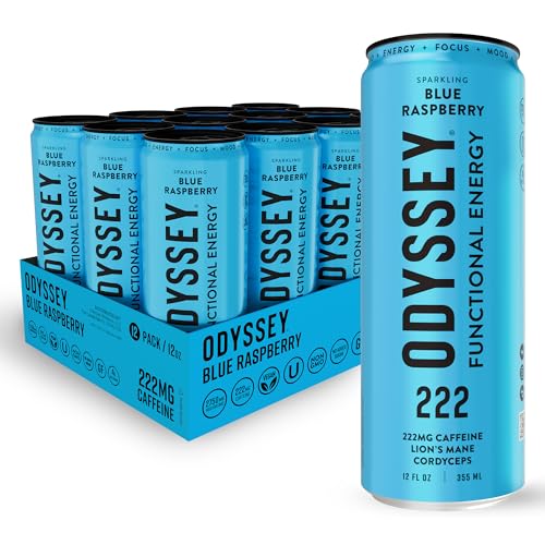 Odyssey Functional Energy Drink for Focus, Cognition & Mood Support 12 Pack - Adaptopgenic Drink with 222mg Green Tea Caffeine, Lionโs Mane, Cordyceps, L-Theanine & Ginseng - Sparkling Blue Raspberry