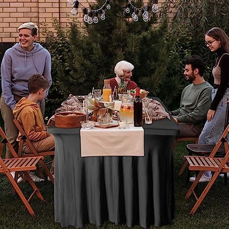 Miniatura 7 de Falda de mesa y mantel grueso de elastano 2 en 1 y funda de mesa de 8 pies, mantel rectangular ajustable con falda plisada, mantel rectangular sin