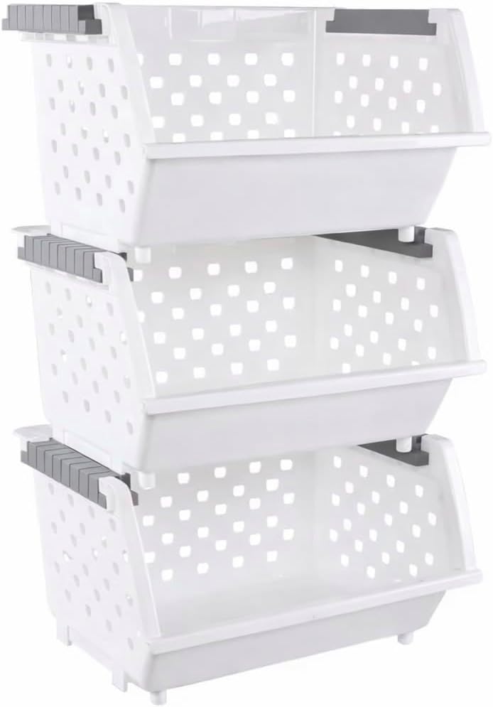 Stackable Plastic Storage Bins, White, 3 Tier Organizer Baskets for Kitchen, Pantry, Bathroom, Living Room, Closet and Office