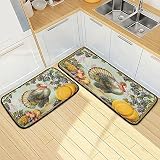Vintage Thanksgiving Turkey Kitchen Mat Rugs Set of 2 Pumpkin Fall Harvest Comfort Floor Runner Anti
