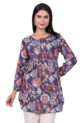 Haut bleu en rayonne thermorégulatrice à motif floral fluide