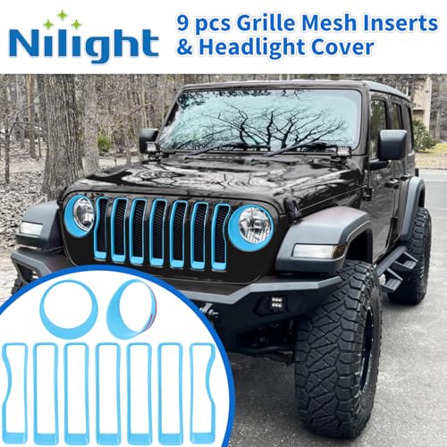 Image of Nilight Grill Inserts fit for Jeep Wrangler Front Grille Inserts Headlight Cover Set for JL JLU Unlimited Sport SportS 2018 2019 2020 2021 2022 2023 Grille Bezels Trim Exterior Accessories Blue 9 Pcs