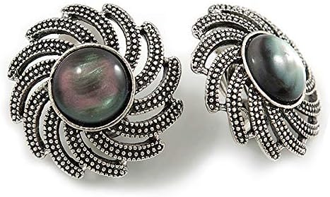 Vintage Inspired Cat Eye Stone Flower Clip On Earrings In Antique Silver Tone - 23mm D D, grey - Image 5