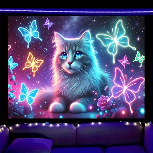 Image of Nuxovilar Glowing Cat Wall Tapestry Polyester 59.05x51.18 In | Glow Poster Trippy Wall Art Animal Decor UV Backdrop Living Room Bedroom Lounge Space Room (Cat Butterflies)