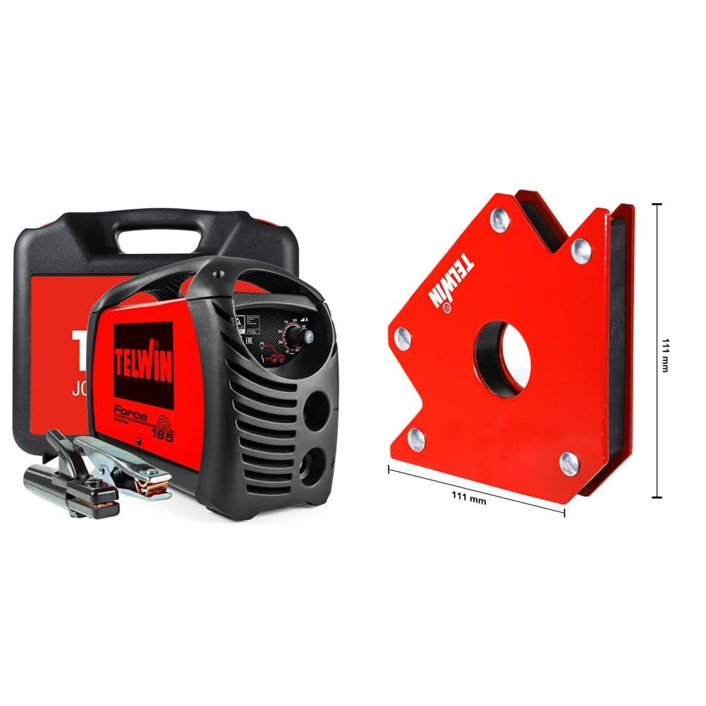 Telwin 07170085 Force 165 Saldatrice Inverter ad Elettrodo Completa di Accessori in Valigetta, 230V, Rosso & 802583 Posizionatore Magnetico per Saldature, 0.1 V, Rosso, 23 kg max