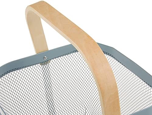 HOJKMA Mesh Steel Storage Organizer Basket, Multi-Functional Metal Wire Hanging Kitchen Baskets Fruit Basket with Wood Handle Ideal for Kitchen, Bathroom, Pantry, Cabinet Home, Shopping, Blue