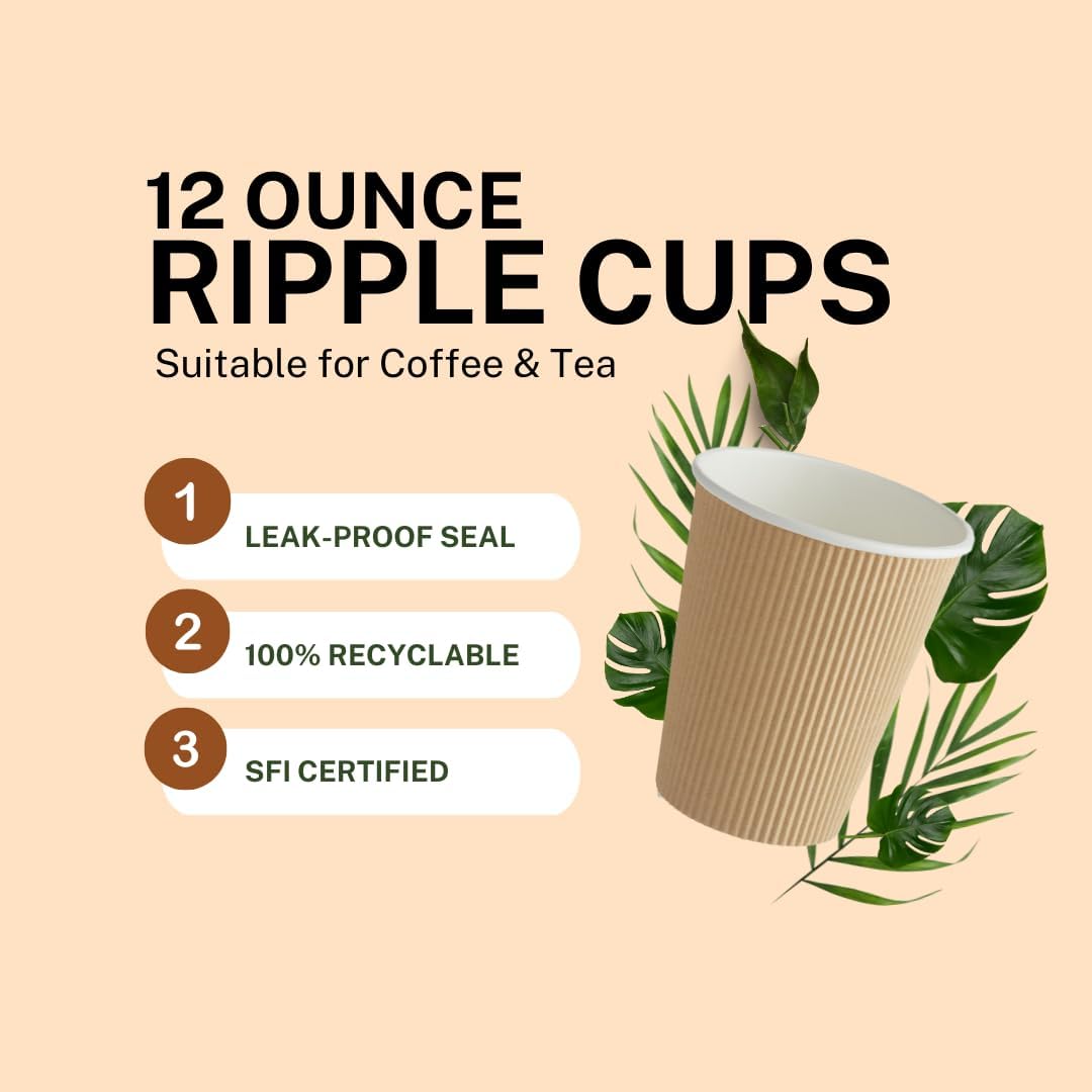 Ripple Paper Cups for Coffee & Tea Made in USA | Bulk for Home, Office, Restaurants & Coffee Shops | Recyclable, Insulated, & Disposable To-Go Cups for Hot Beverages (12oz - 200 Count) - Image 2