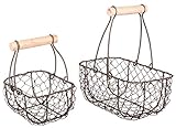 Rayher Set 2 Drahtkörbe, nostalgisches Design, mit Holztragegriff, kleiner Metallkorb 15 x 10 x 16,5 cm, großer Metallkorb 20 x 12 x 22 cm, Dekokorb, 46364546
