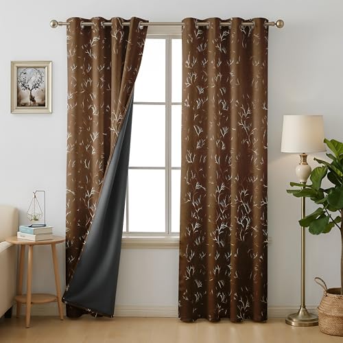 FABREEVA True Blackout Door Curtains 7 Feet-Room Darkening Drapes Black Backing,Thermal Insulated,Steel Groomet Living Room,Bedroom,5 Piece (45W×84L Inch,Foil Floral,Coffee) Deal