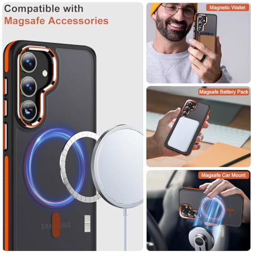 Image of MALEWOLF Magnetic Designed for Samsung Galaxy S24 Case 6.2 inch Compatible with MagSafe, Anti-Slip Edge Military Grade Drop Tested Hard Back Protective Translucent Case for Samsung S24 Case (Black /Orange)
